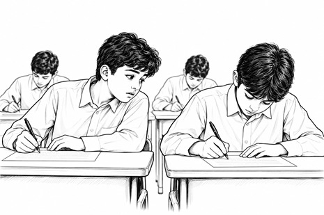 رسم أبيض وأسود لطلاب يؤدون اختبارًا داخل الفصل، يظهر فيه طالب يلتفت خلسة إلى ورقة زميله محاولًا الغش، في مشهد يجسد المفارقة بين تعلّم القيم في المدرسة وممارستها فعليًا في السلوك.