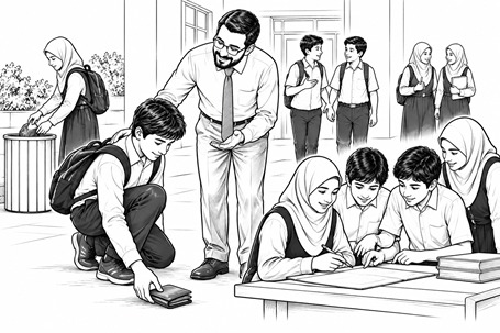 رسم تعبيري عن تحوّل القيم التربوية من مبادئ يتعلمها الطالب إلى سلوك وممارسة في الحياة المدرسية.