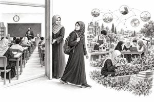 طالب يحمل جهازًا حديثًا أمام مدرسة تقليدية، في تعبير عن الفجوة بين سرعة تطور الحياة وبطء تغير النظام التعليمي.