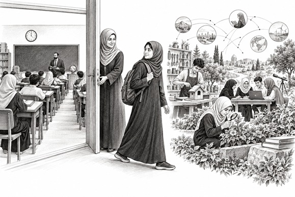 طالب يحمل جهازًا حديثًا أمام مدرسة تقليدية، في تعبير عن الفجوة بين سرعة تطور الحياة وبطء تغير النظام التعليمي.