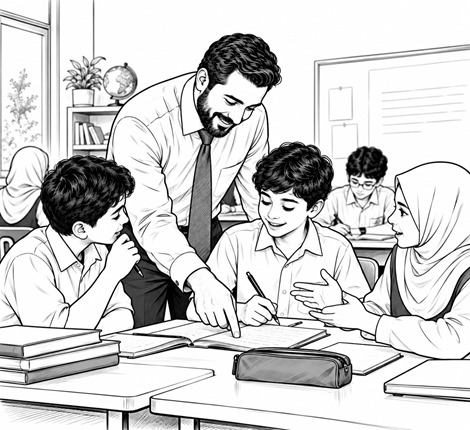 رسم أبيض وأسود يُظهر معلمًا داخل قاعة دراسية يتفاعل مع مجموعة من الطلاب أثناء نشاط تعاوني؛ يتناقش الطلاب ويعملون معًا، في مشهد يعكس دور قاعة الدراسة في تنمية التعاون والحوار والمسؤولية إلى جانب التعلم الأكاديمي.